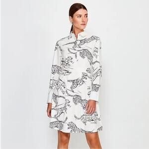 Karen Millen Women's Tiger Print Mini Shirt‎ Long Sleeve Dress in White Size 2